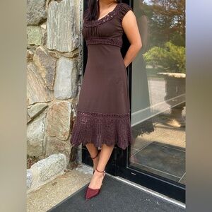 Elegant Brown Lace Trim Dress